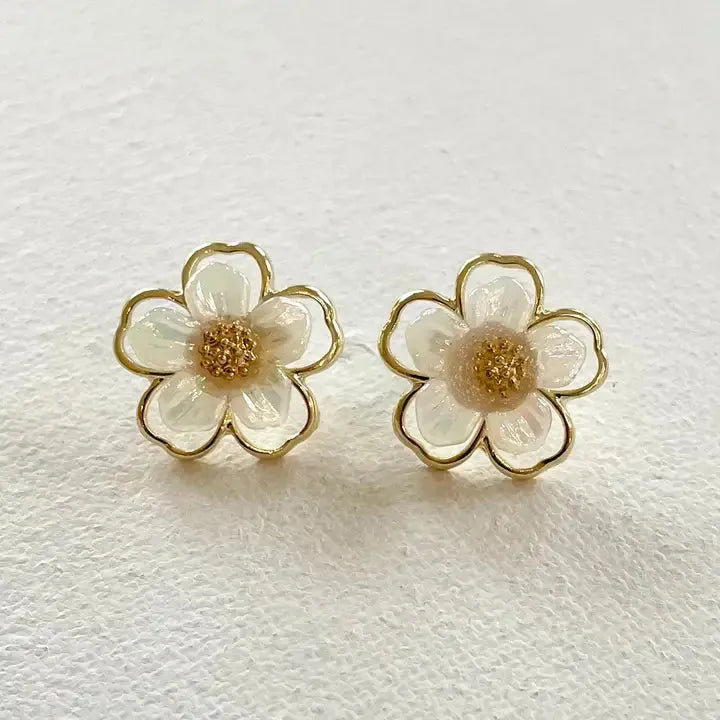 Light Gray Flower Gold Stud Earring Whimsy & Wonder Boutique, LLC